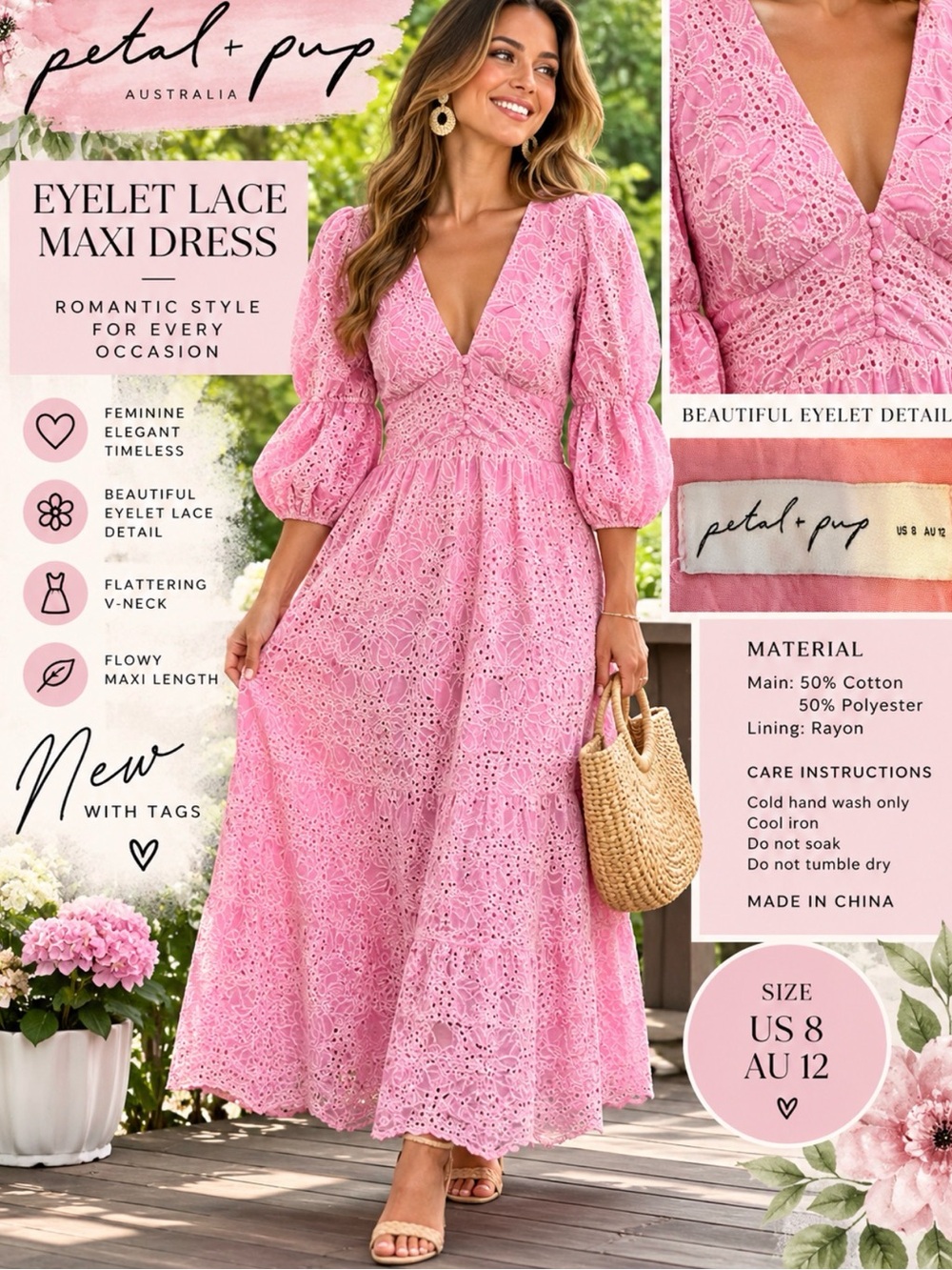Petal & Pup Pink Eyelet Lace V-Neck Maxi Dress